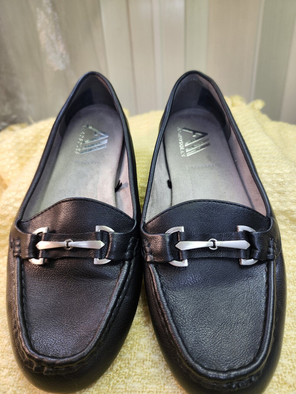 Aerosoles Women's Black Leather Loafers with Silver Bit Accent